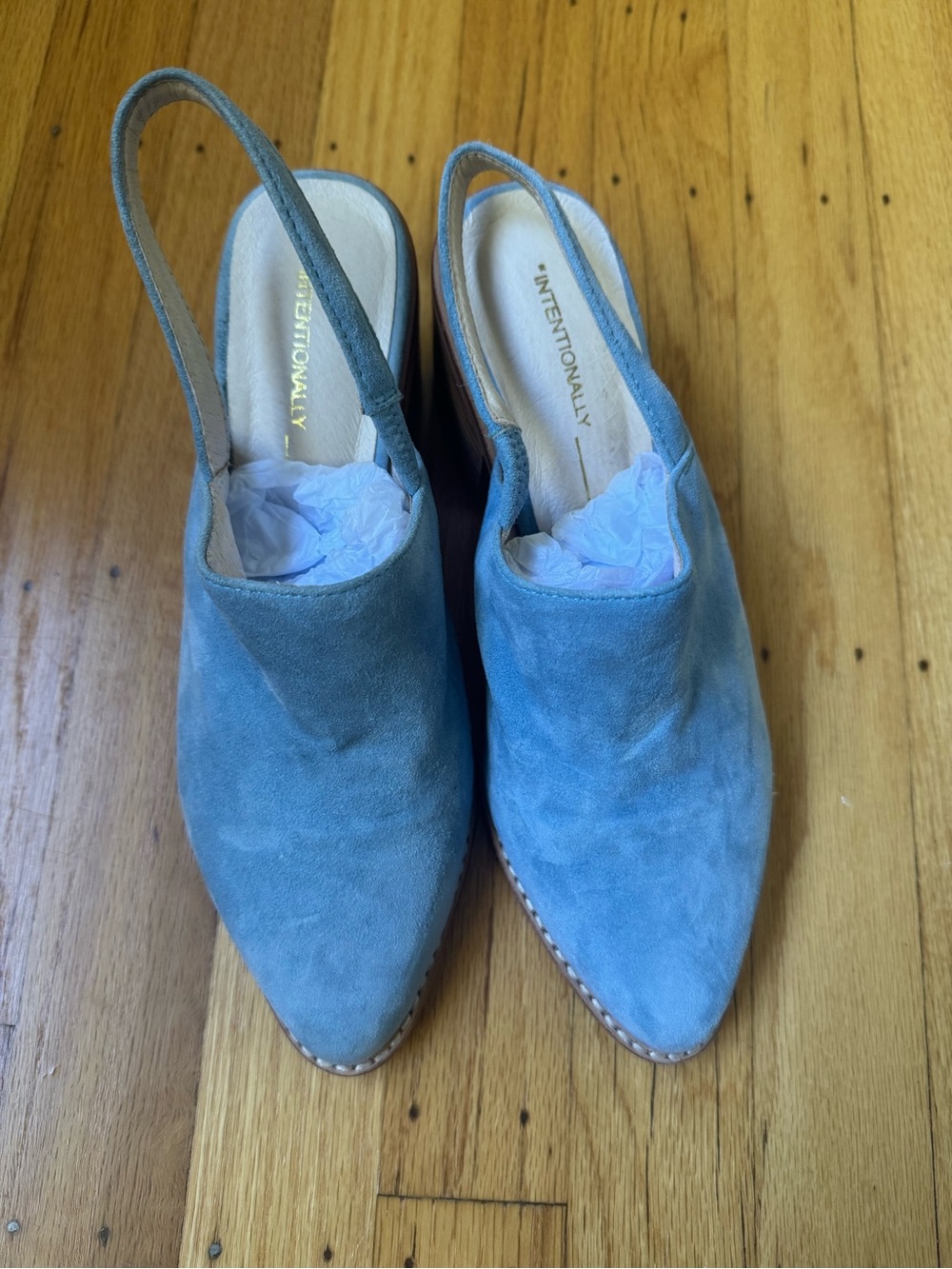 INTENTIONALLY BLANK Light Blue Suede Slingback Mules